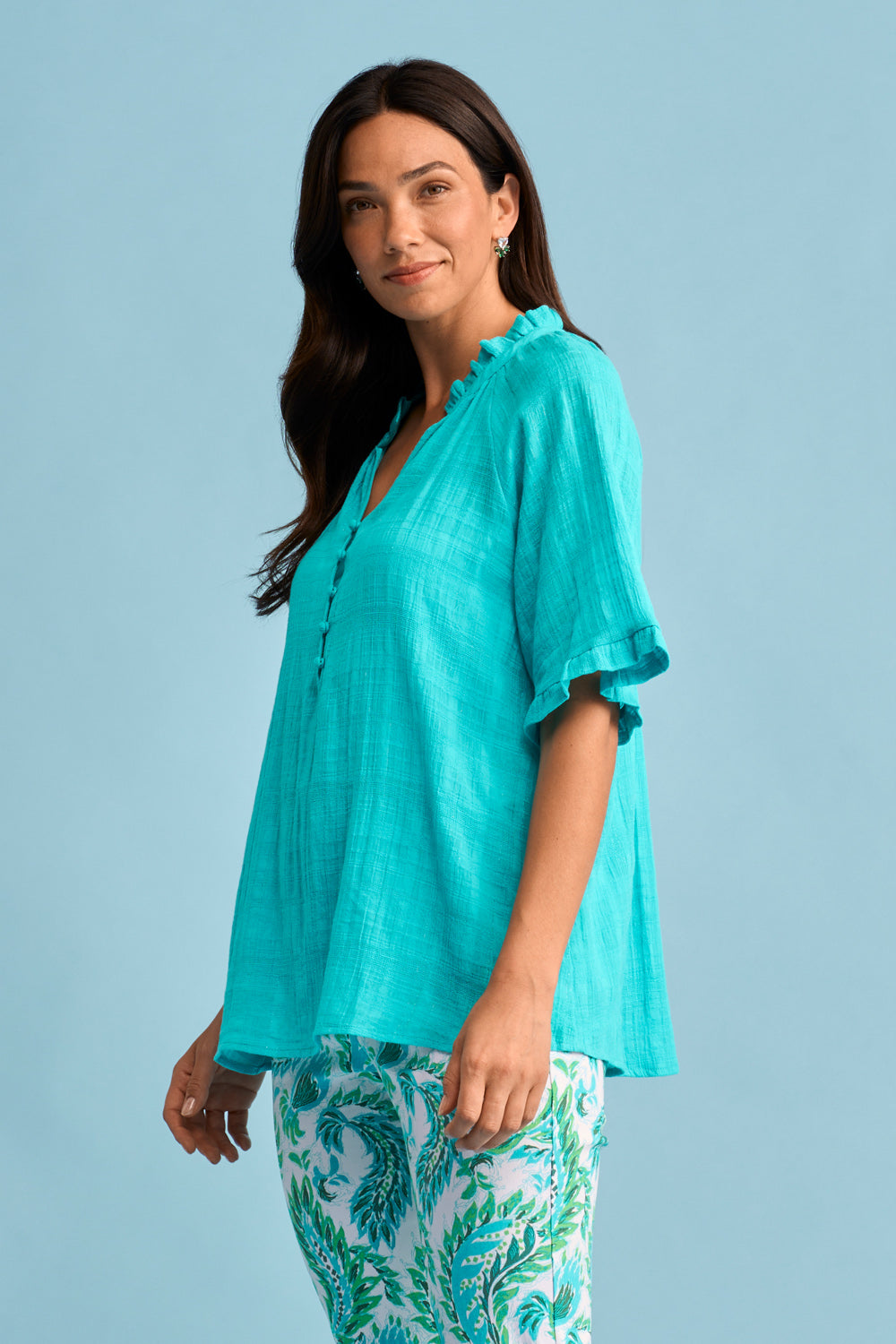 Textured Cotton Blouse - Turquoise