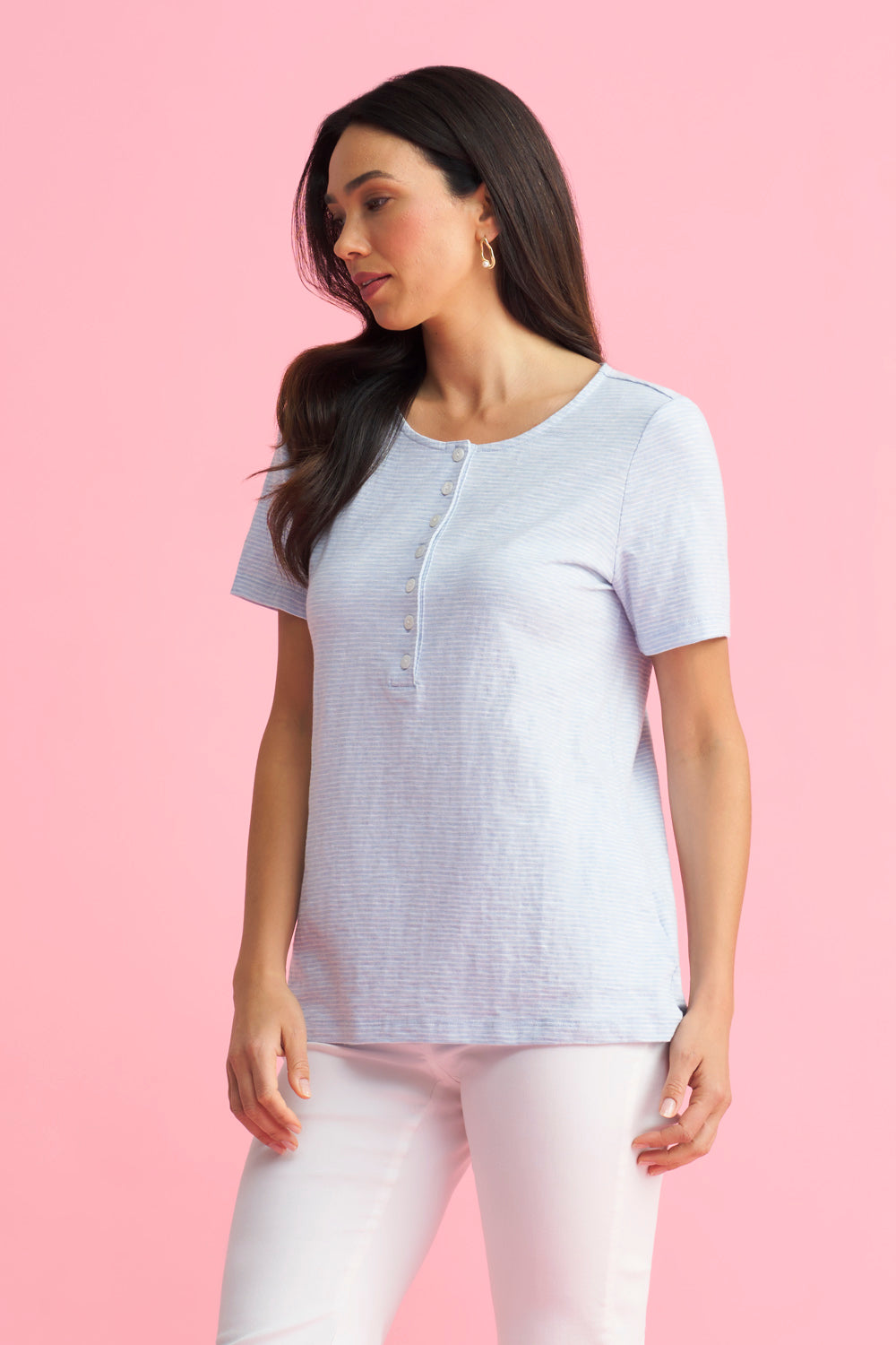 Short Sleeve Henley - Aqua & White Stripe