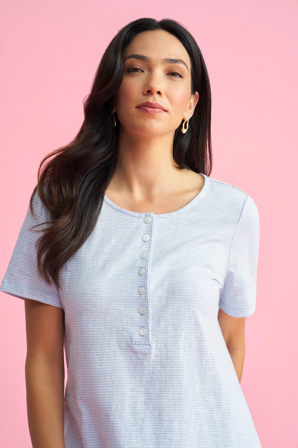 Short Sleeve Henley - Aqua & White Stripe