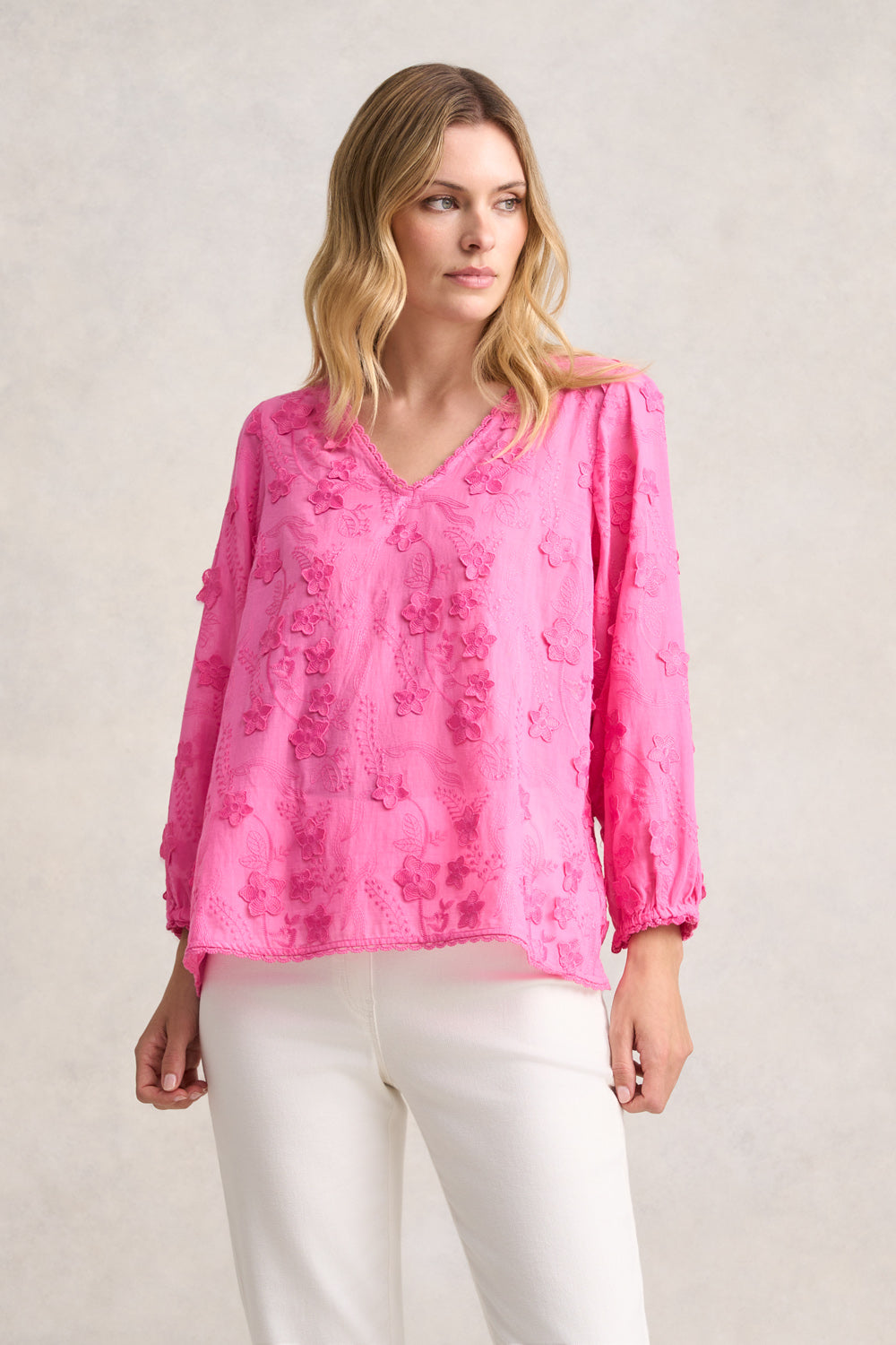 Lace Trim Embroidered Top - Vivid Pink