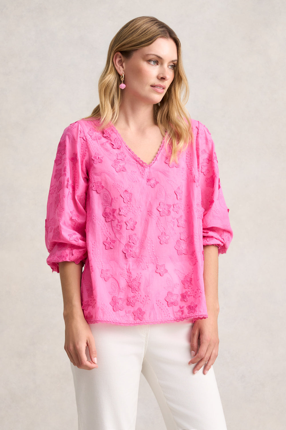 Lace Trim Embroidered Top - Vivid Pink