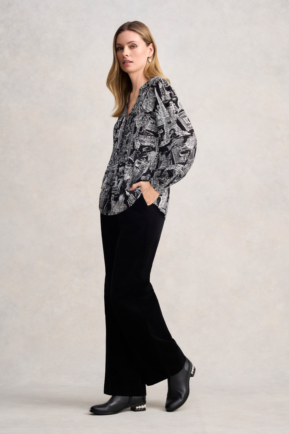 Long Sleeve Light Weight Blouse - France Capital Print