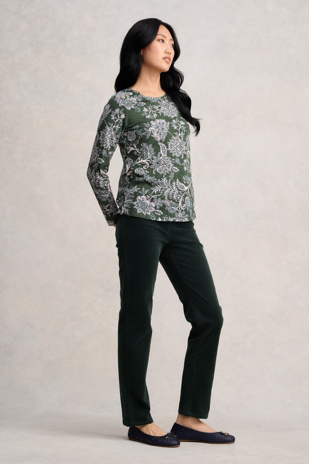 Long Sleeve Button Detail T-Shirt - Forest Green Paisley