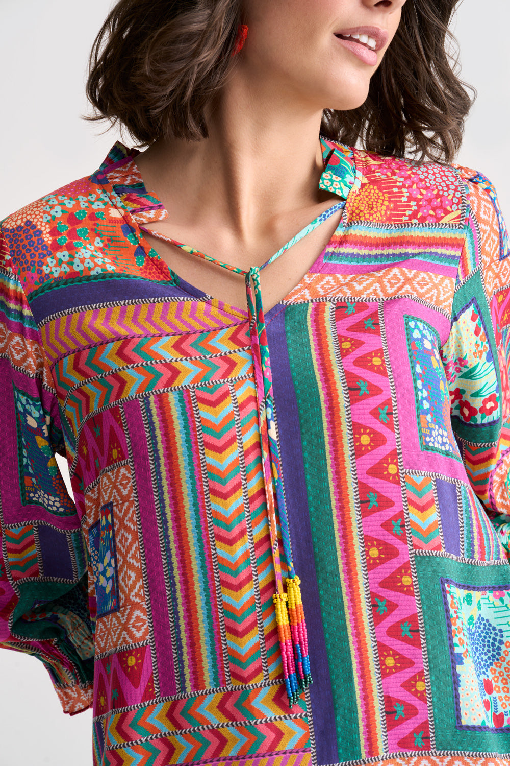 Beaded Tassel Kaftan - Tropical Patchwork