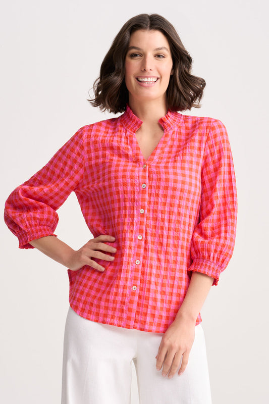 Cotton Crinkle Shirt - Pink & Orange Gingham