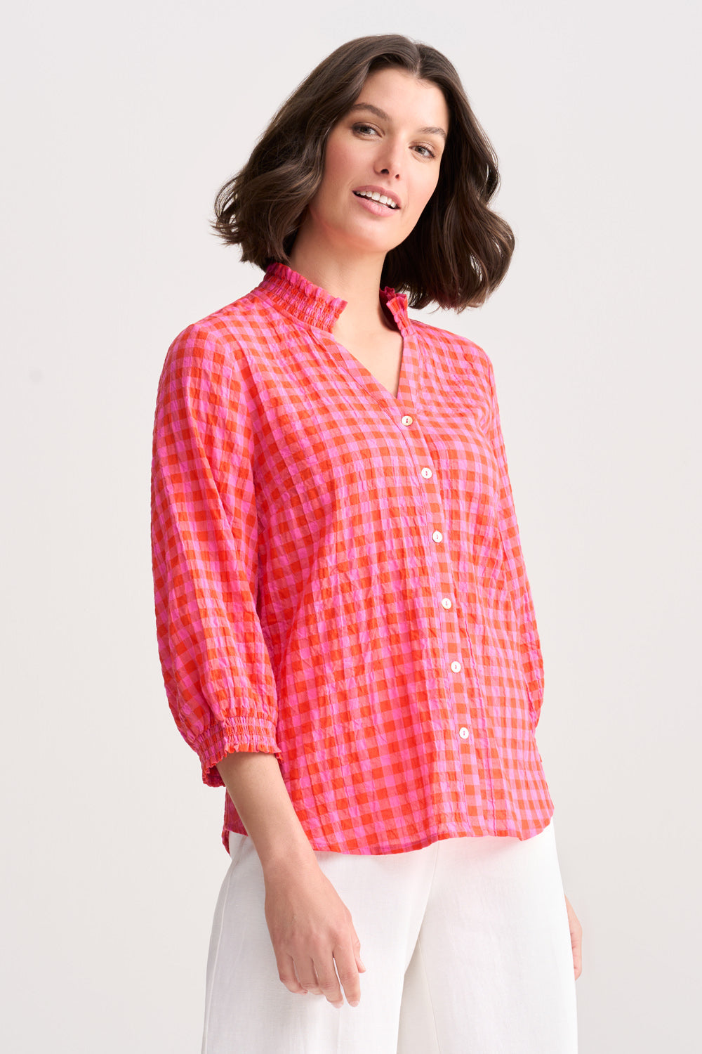 Cotton Crinkle Shirt - Pink & Orange Gingham