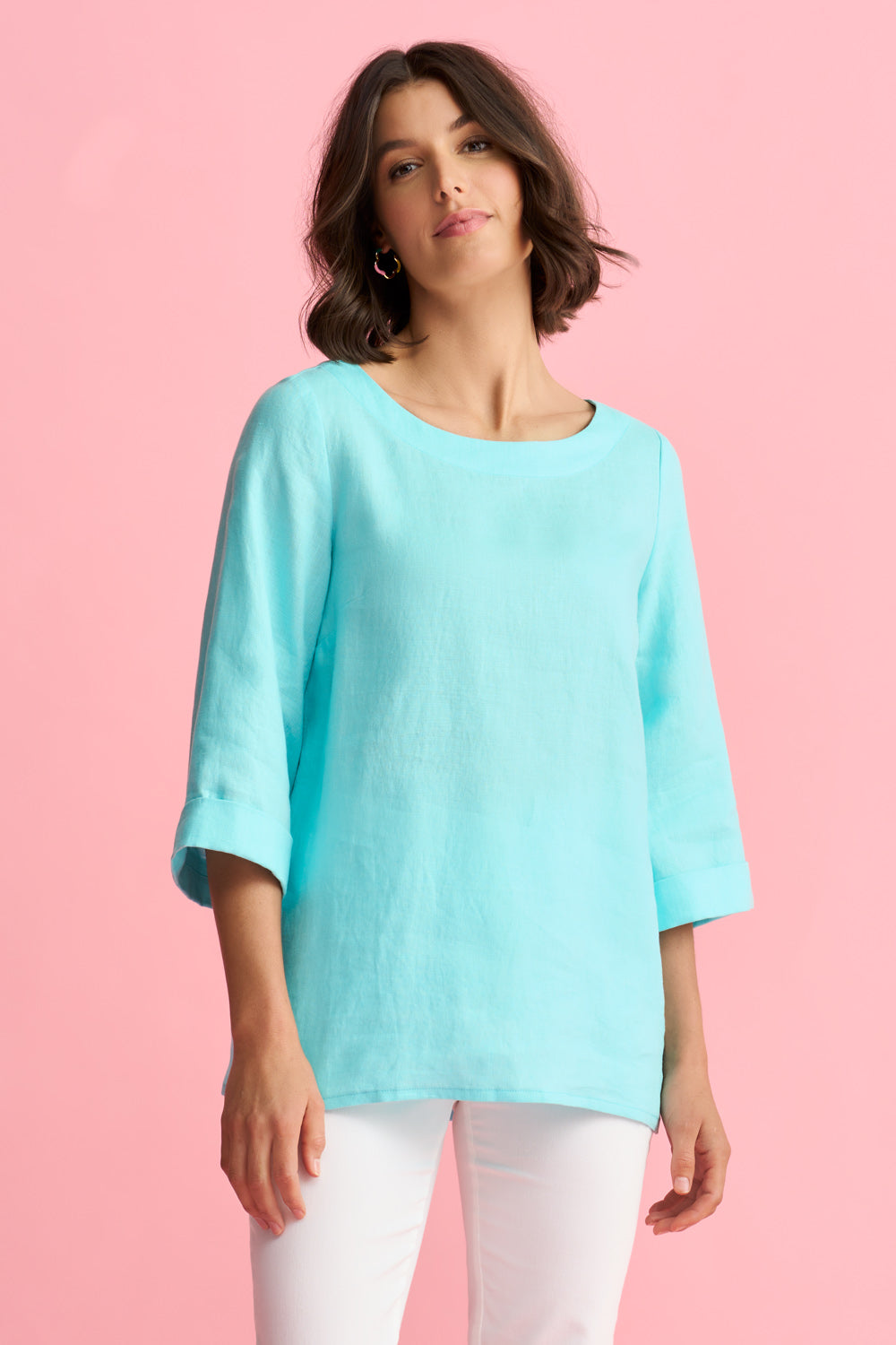 French Linen Button Detail Top - Aqua