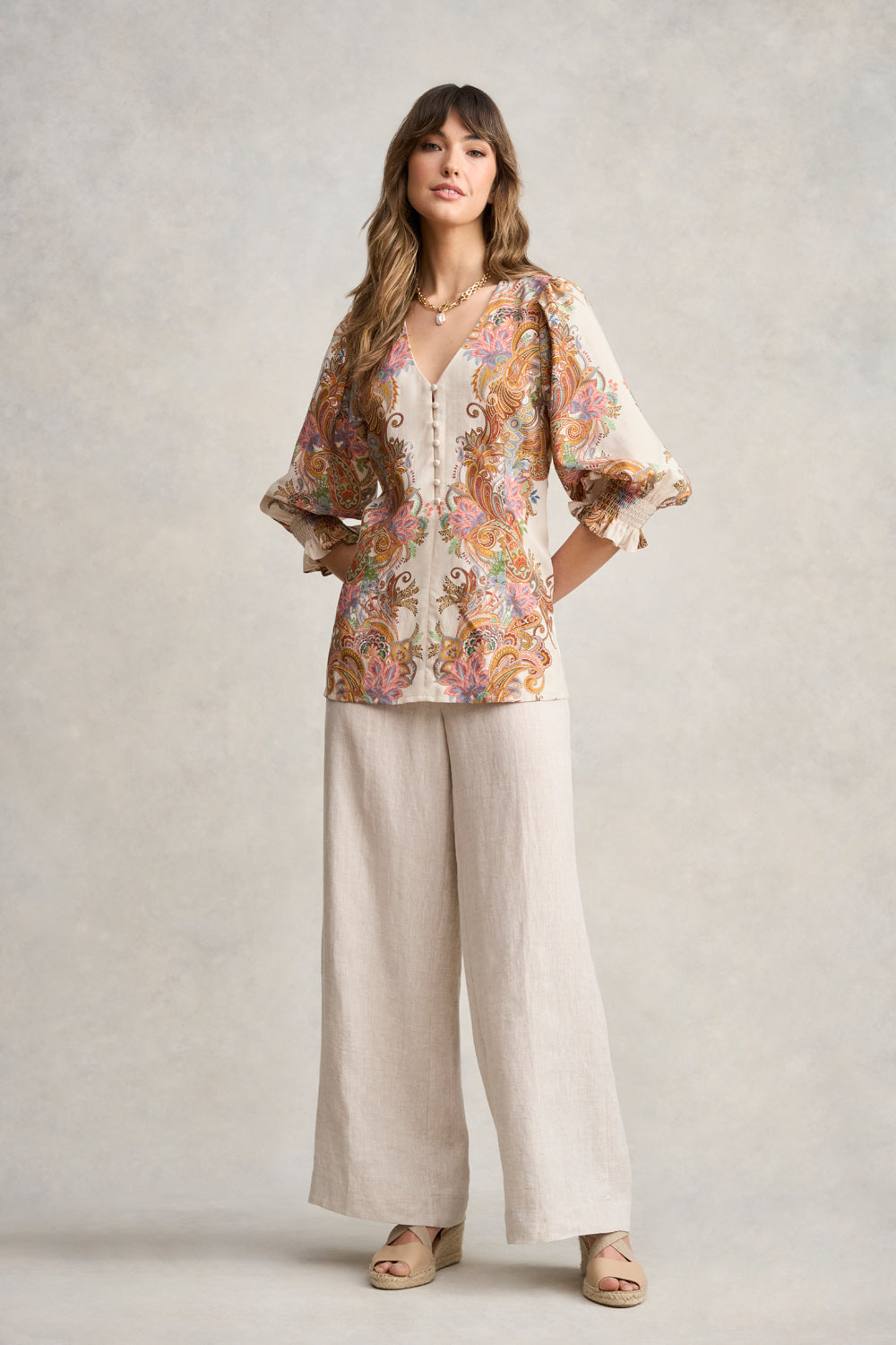 Paisley Border Print Blouse - Cream Paisley Border