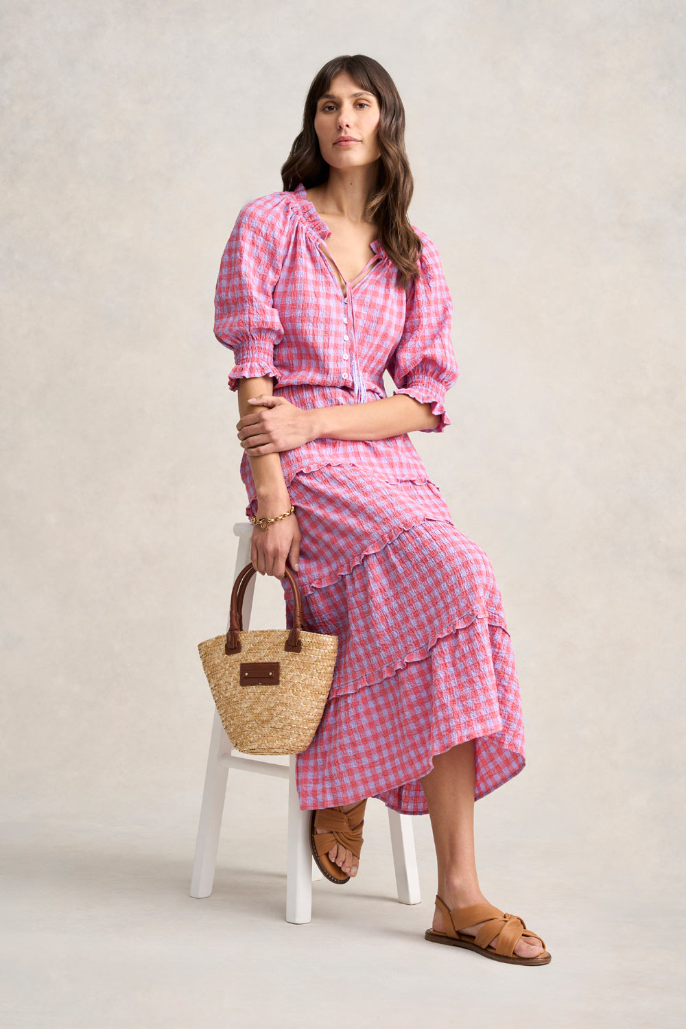 Cotton Gingham Tiered Dress - Lilac & Coral Gingham