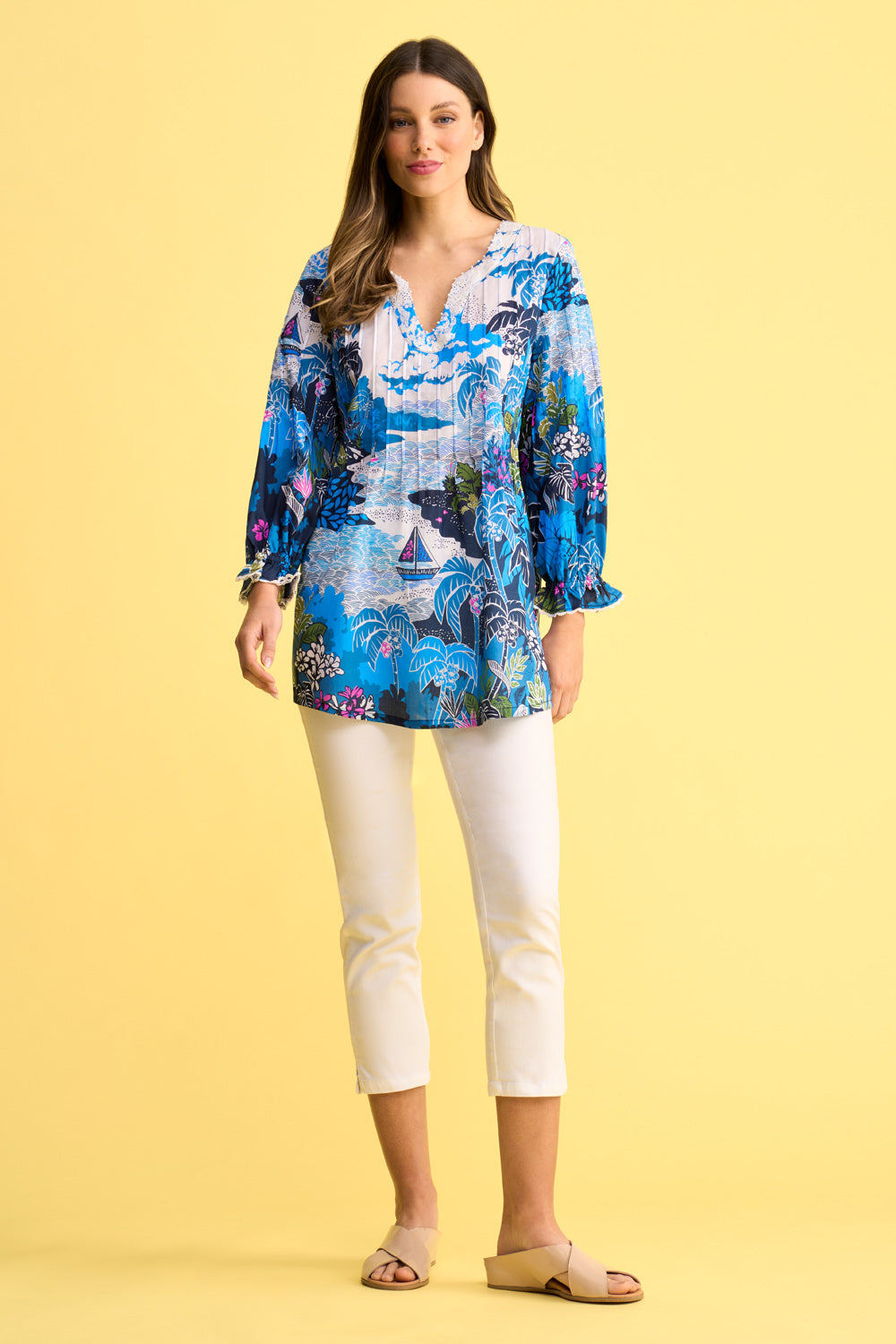 Pleated Cotton Blouse - Corsica Scenic Print