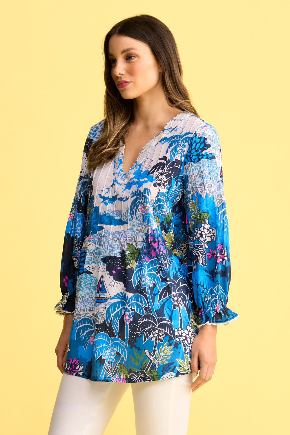 Pleated Cotton Blouse - Corsica Scenic Print