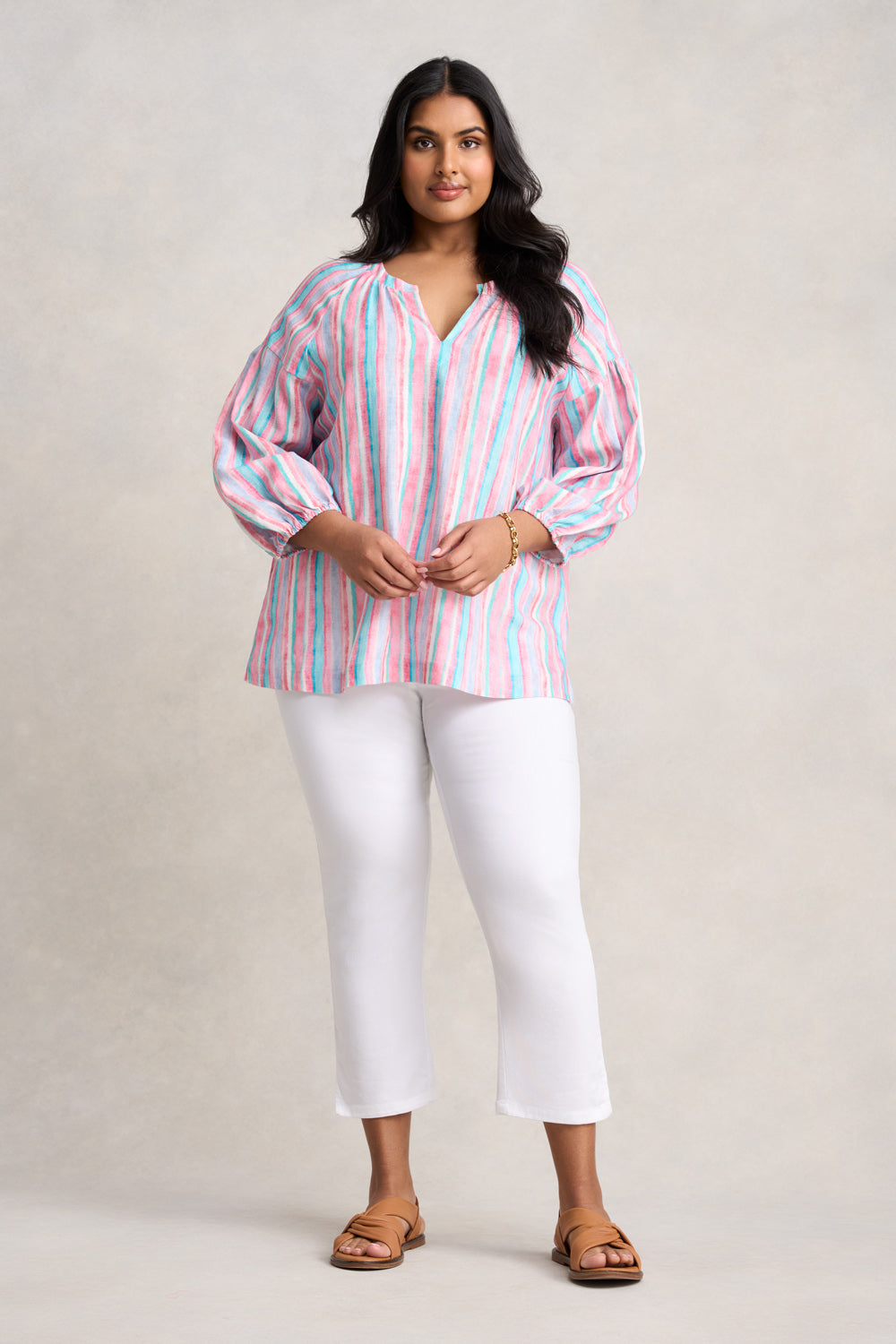 Puff Sleeve Linen Top - Summer Stripe