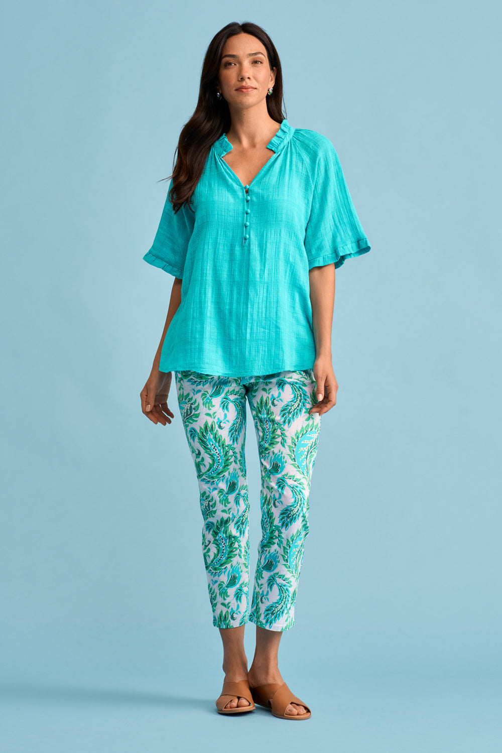 Textured Cotton Blouse - Turquoise