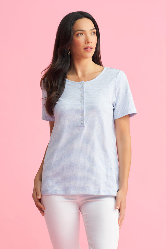 Short Sleeve Henley - Aqua & White Stripe