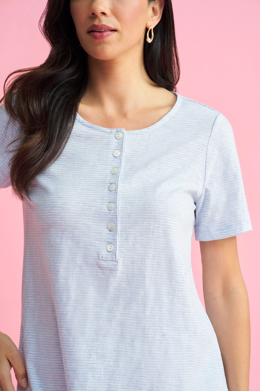 Short Sleeve Henley - Aqua & White Stripe