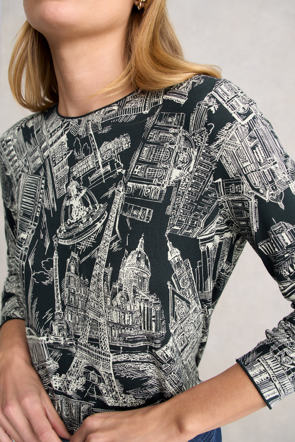 Long Sleeve Crew Neck Top - Ink France Capital Print