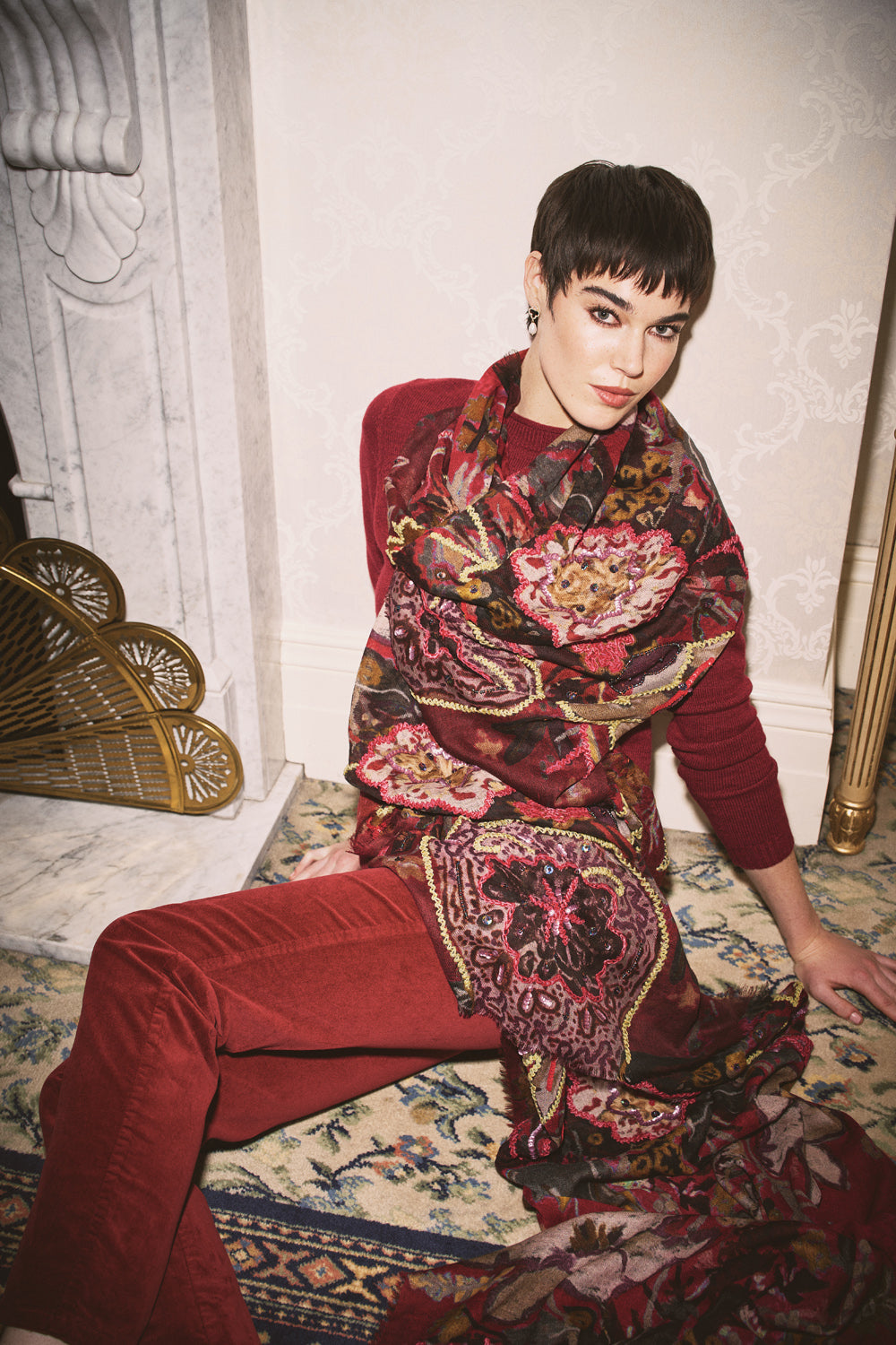 Merlot Embellished Wool Scarf