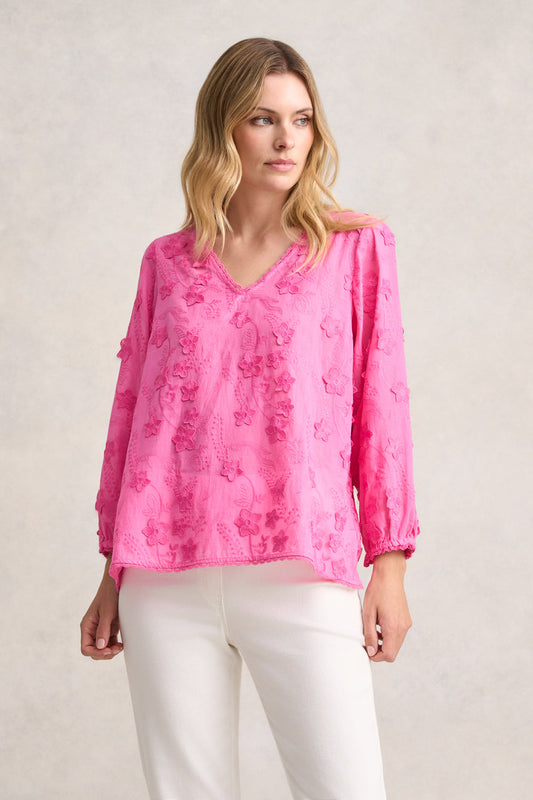 Lace Trim Embroidered Top - Vivid Pink