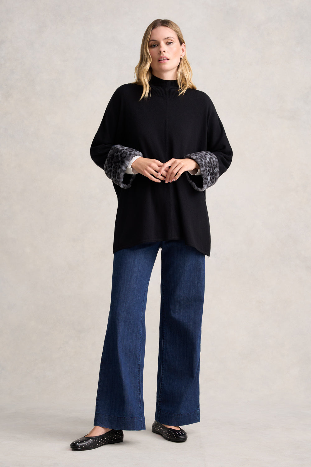 Leopard Faux Fur Trim Poncho - Black Leopard