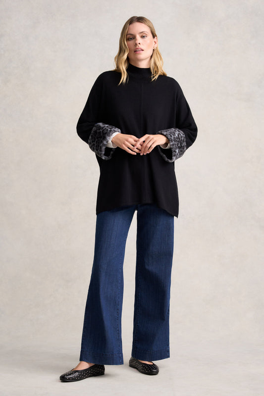 Leopard Faux Fur Trim Poncho - Black Leopard
