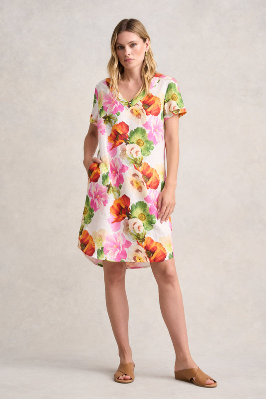 V-Neck Linen Dress - Multi Floral