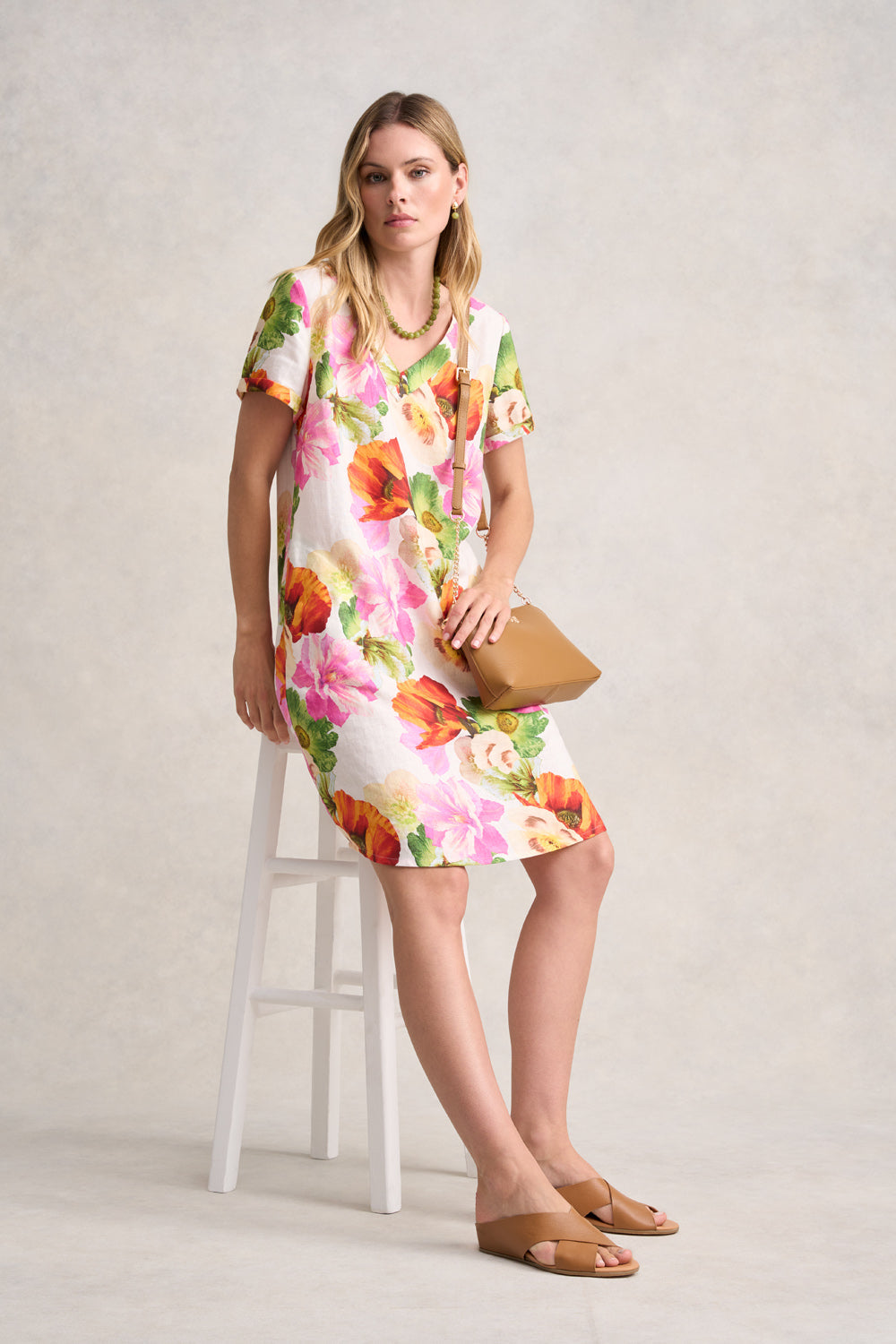 V-Neck Linen Dress - Multi Floral