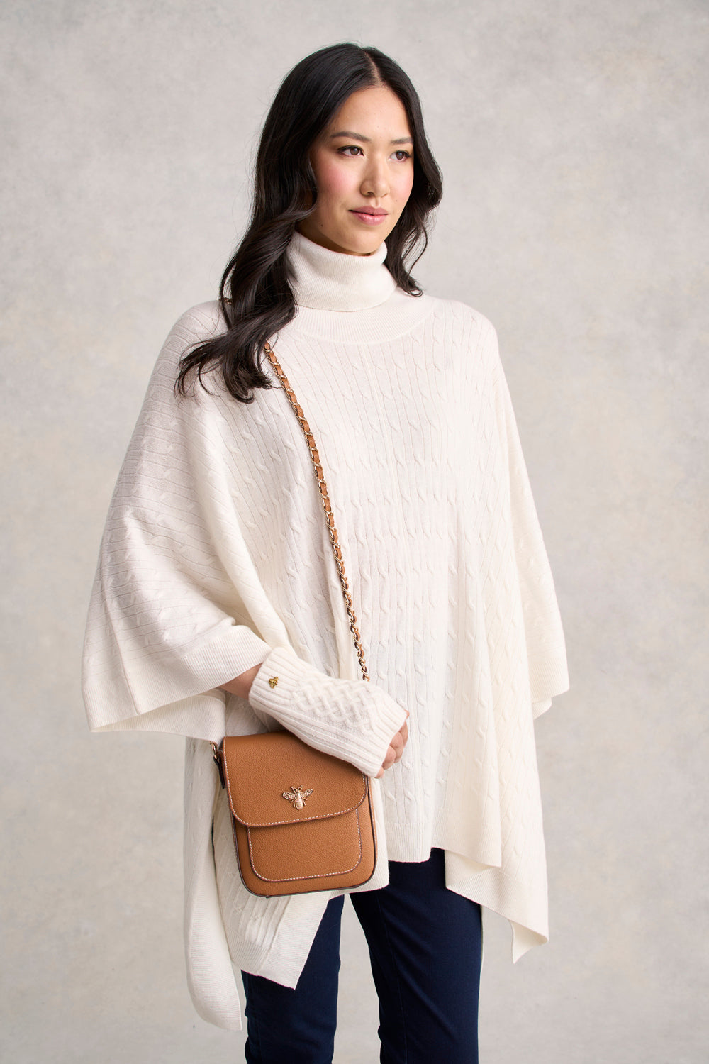 Catriona Wool Cable Poncho - Eggshell
