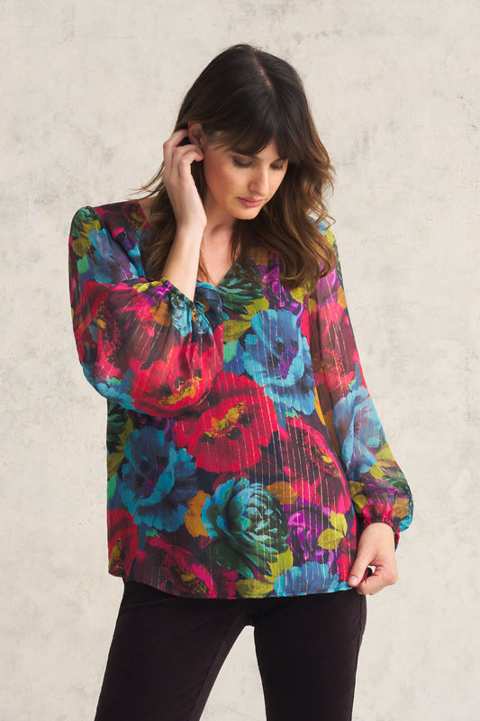 Printed Lurex Stripe Blouse - Oversized Floral