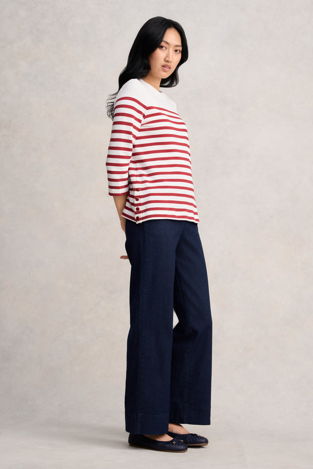 Button Detail Top - Red & Cream Stripe