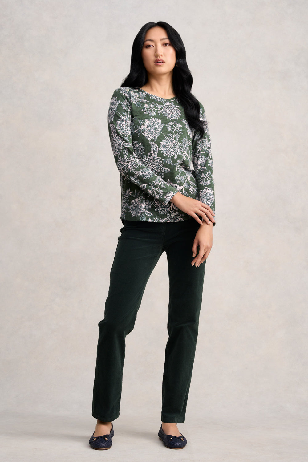 Long Sleeve Button Detail T-Shirt - Forest Green Paisley