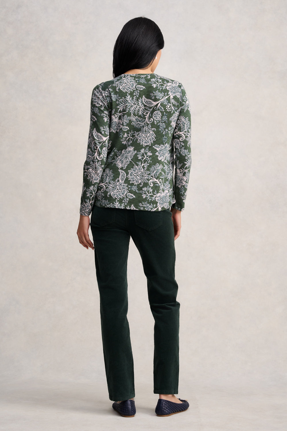 Long Sleeve Button Detail T-Shirt - Forest Green Paisley