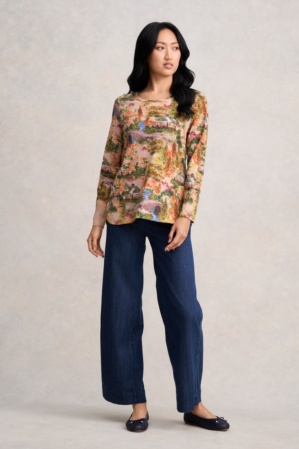 Long Sleeve Organic Cotton T-Shirt - Autumn Cottage Print