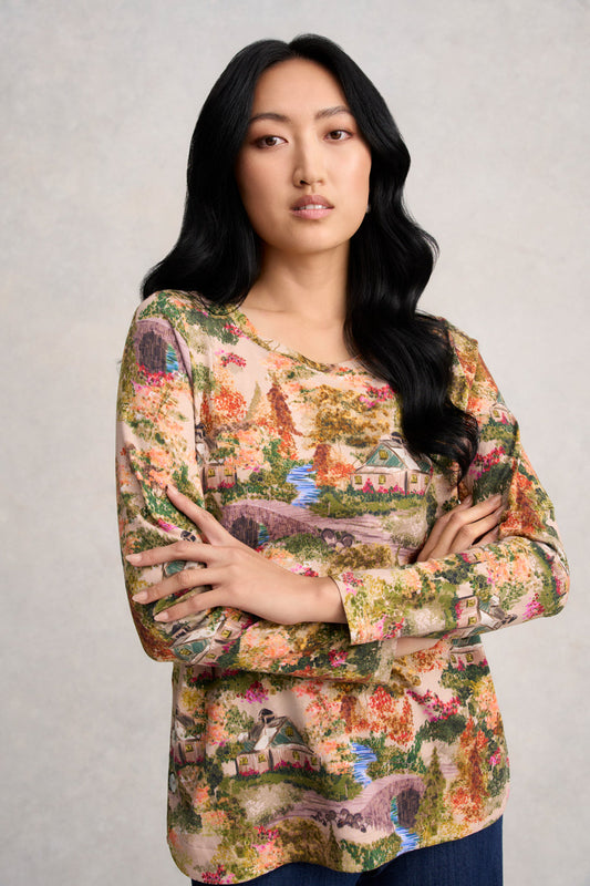 Long Sleeve Organic Cotton T-Shirt - Autumn Cottage Print