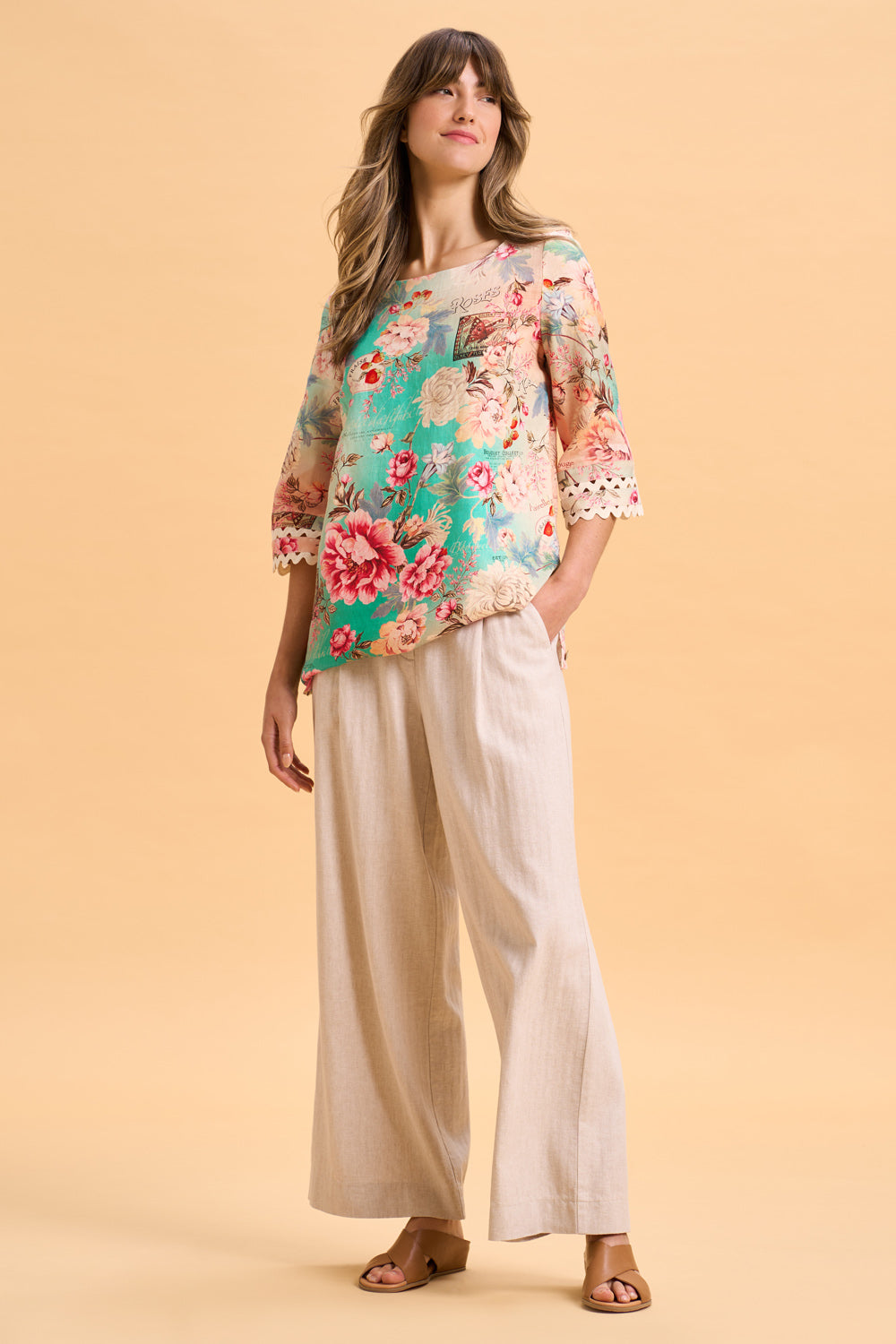 Linen Cuff Detail Top - French Bouquet Print
