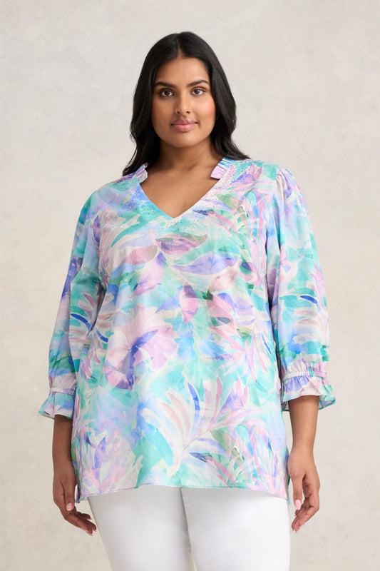 Embellished Cotton Kaftan - Watercolour Palm