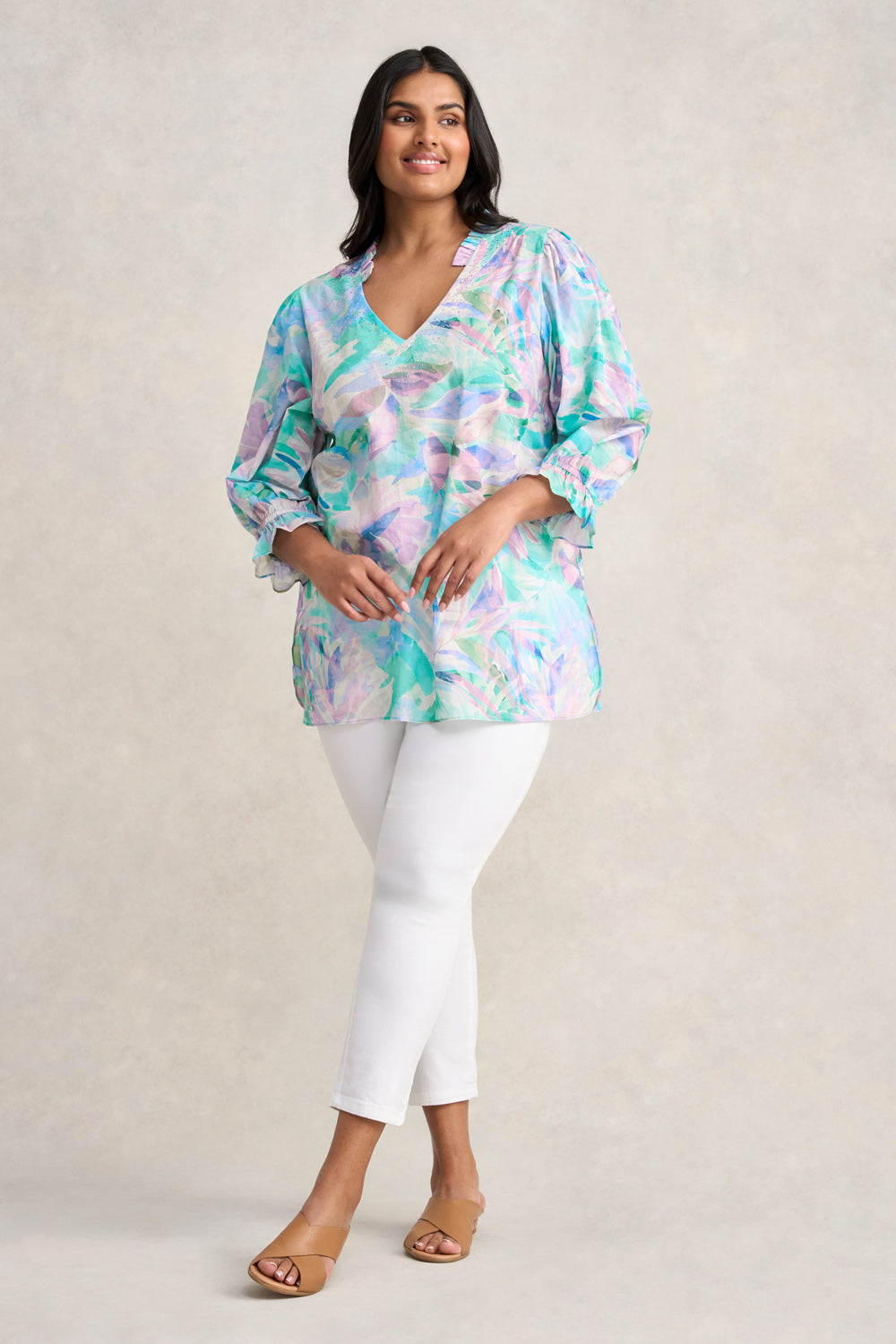Embellished Cotton Kaftan - Watercolour Palm