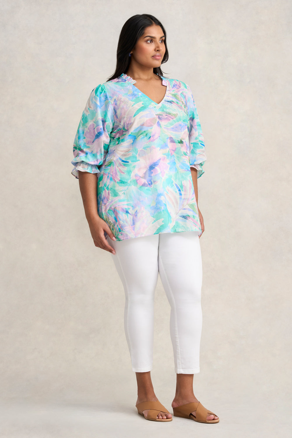 Embellished Cotton Kaftan - Watercolour Palm