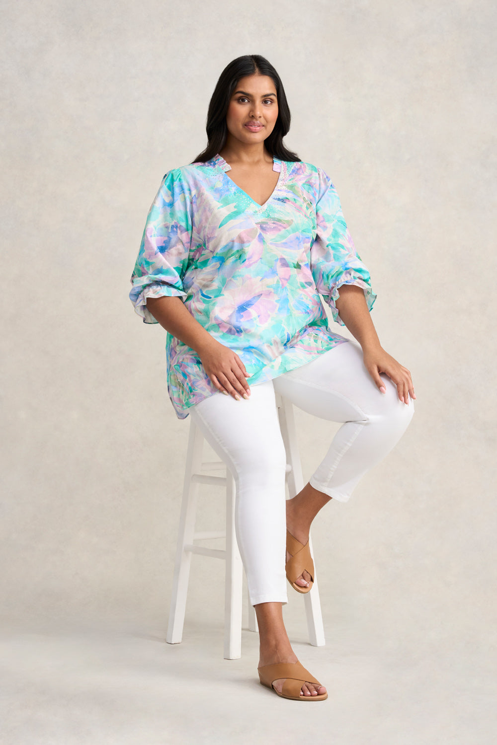 Embellished Cotton Kaftan - Watercolour Palm
