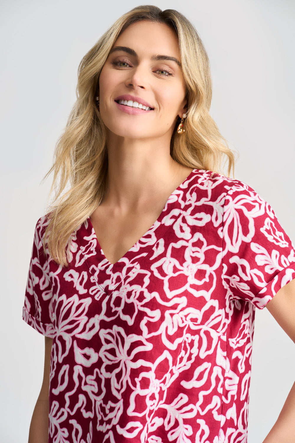 V-Neck Linen Dress - Pink & White Floral