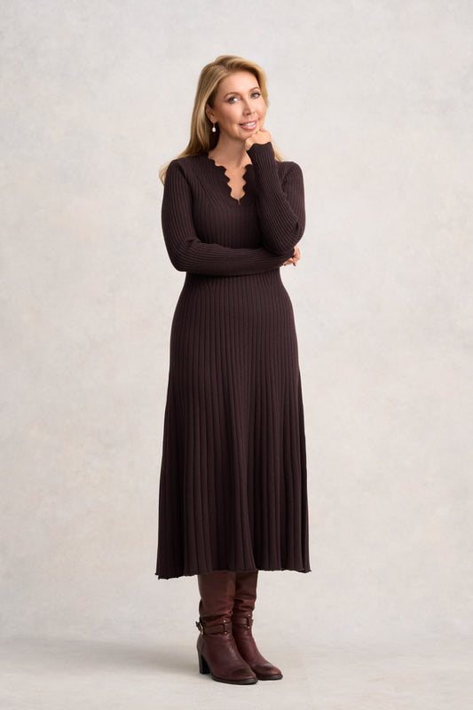 Graduated Rib Wool Dress - Chocolate