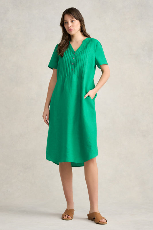 Pleated Front French Linen Dress - Vibrant Green