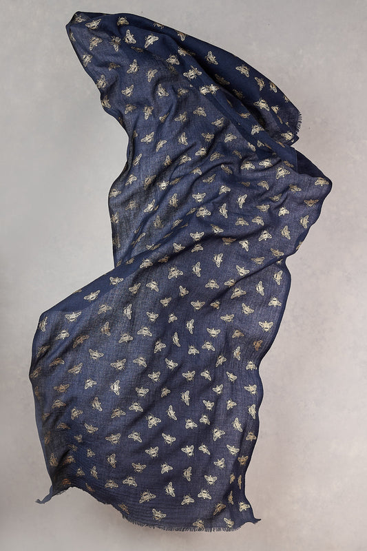 Navy Bee Foil Wool Scarf