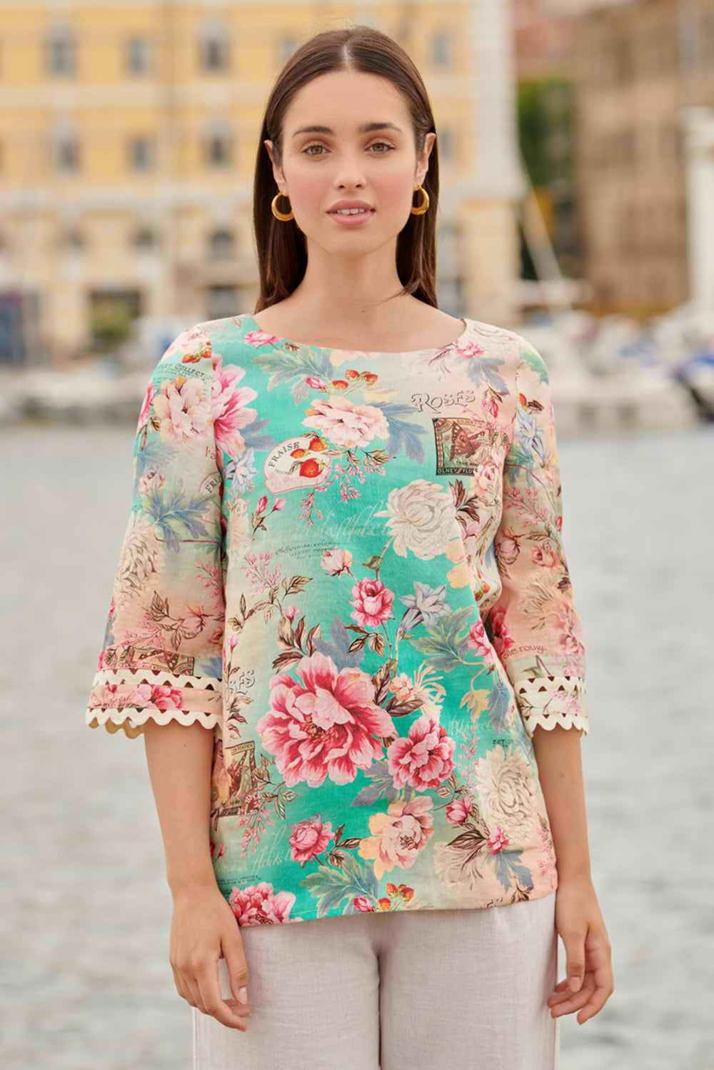 Linen Cuff Detail Top - French Bouquet Print